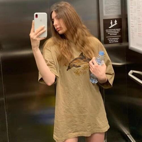 Dolphin Print Animal Graphic Tees Women American Vintage Khaki Tshirt O Neck Short Sleeve Punk Style T Shirt Women Punk Clothes