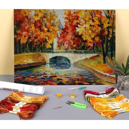 Golden Trees Pre-Printed 11CT Cross-Stitch Embroidery Full Kit DMC Threads Handiwork Handicraft Needlework Handmade Mulina