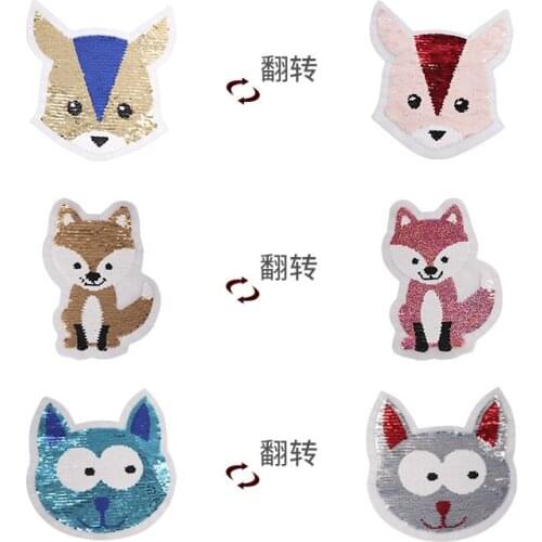 2PCS Cutie Cartoon Cat Fox Squirrel Sequins EMB Applique Sew On Patch DIY Embroidered Bling double-faced Reversible Accessories