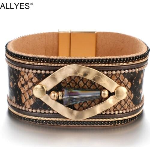 ALLYES Retro Snake Skin Leather Bangles for Women Boho Animal Pattern Female Wide Bracelets Crystal Girl Bracelet