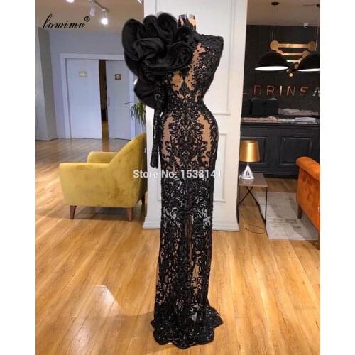 2020 Black Elegant Lace Evening Dresses Long Illusion Beading Celebrity Dresses For Women Mermaid Sexy Prom Gowns Robe De Soiree