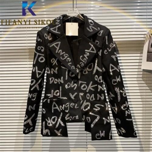 Black Blazer Jacket Women Streetwear Fashion Letter Diamonds Single Breasted Suit Jacket Asymmetry Loose Blazers Coat Female