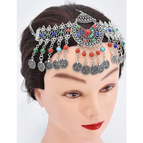 Gypsy Vintage Dance Coin Long Tassel Head Chains for Women Bohemian Acrylic Stone Headband Indian Tribal Hair Accessories