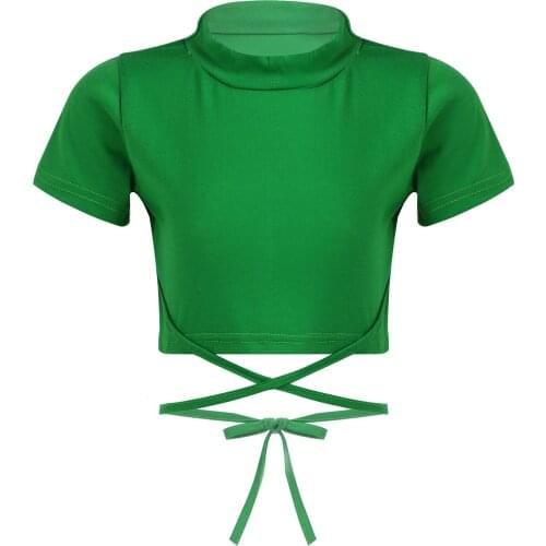 Kids Girls Children Sport Crop Tops T-shirt Short Sleeve Modern Dance Hip Hop Performance Costume Sash Tie Cross Waist Dancewear