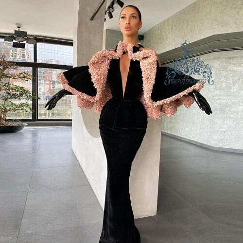 Elegant Black Velour Mermaid Prom Dresses With Ruffles Puffy Shawl Sexy Deep V-neck Long Evening Gowns Celebrity Party Dresses