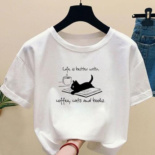 Cute Cat Print T-shirt Summer White Female Top Coffee Women T-shirt Life and Coffee T-shirt