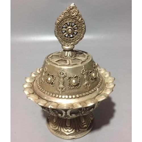 Chinese White Copper Carving Buddhism Eight Treasures Censer Incense Burner Wealth Fengshui Good Luck And Safe Home Decoration