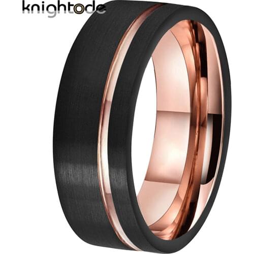 8mm Two Tone Black Tungsten Carbide Ring For Men Women Engagement Wedding Band Rose Gold Offset Line Flat Brushed Comfort