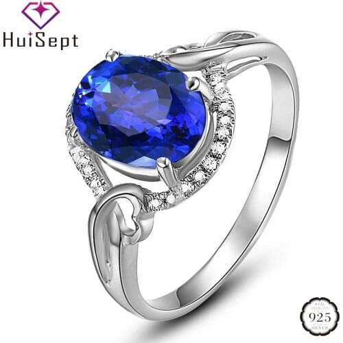 HuiSept 925 Silver Ring Oval Shape Sapphire Zircon Gemstone Jewelry Accessories Open Rings for Women Wedding Party Dropshipping