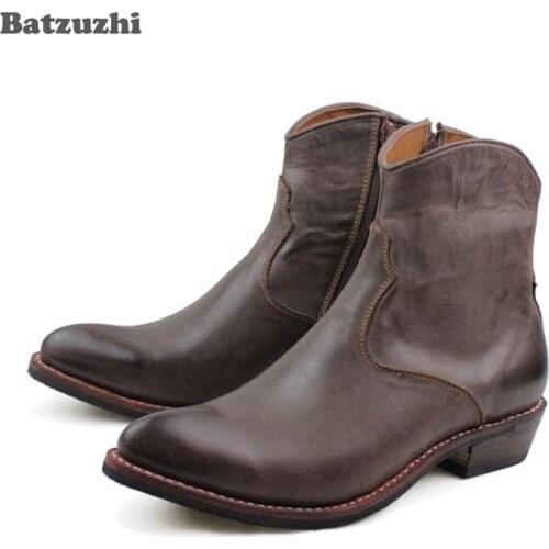 Rock Western Cowboy Boots Men Handmade Cowhilde Genuine Leather Ankle Men Boots Pointed Toe Comfortable Motorcycle Boots Men