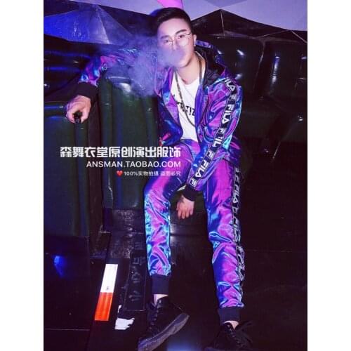 Nightclub Bar DJ Male Singer GOGO Tide Brand Symphony Blue Purple Hip Hop Baseball Uniform Costume Suit Carnival Party