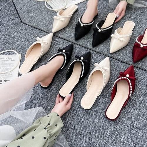 2021 summer new fashion Baotou half drag womens shoes sweet pearl bowknot flat sandals for outer wear