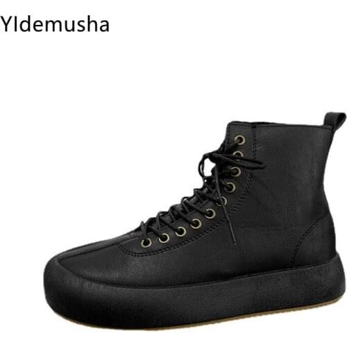 2021 Autumn Winter Mens Ankle Boots Round Toe Casual Boots Men Lace-Up PU Leather Retro Mens Boots Back White Walking Men Shoes