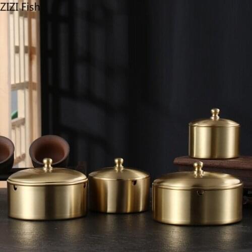 Gold Pure Copper Ashtray with Cover for Home Living Room Anti Fly Ash Large Capacity Ashtray for Home Decor Gift for Boyfriend
