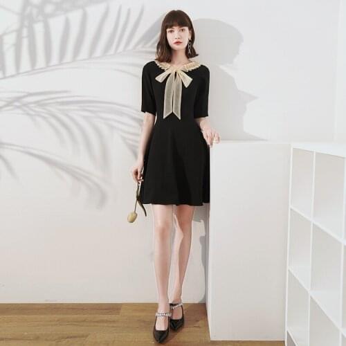 Bridesmaids Dresses Vintage O-Neck Short Bow Jersey Knee-Length A-Line Luxury Black Elegant Fashion Lady Wedding Party Gown E739