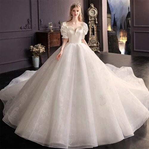 Robe De Soirée De Mariage O-Neck Short Sleeve Satin Lace Shiny Beading Peearls Princess Ball Gown Wedding Dress Plus Size