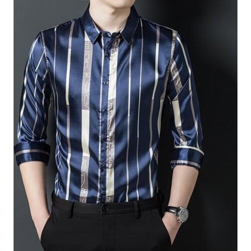 Blue Striped Oversize Satin Long Sleeve Shirts For Mens Business Smooth Silk Work Office Dresses Large Sizes Husband Fashion