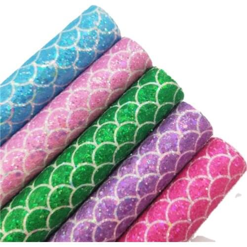 Mermaid Fish Scales Printed Chunky Glitter Vinyl Fabric Sheet Felt Backing Synthetic Leather Faux Vinil DIY A4 SIZE 6S78A