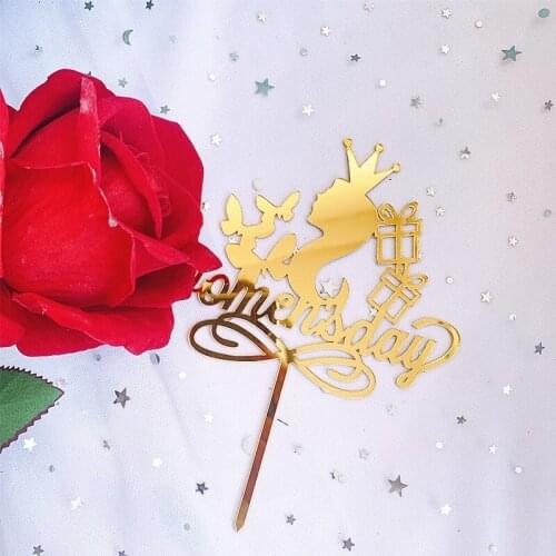 INS Light Happy Womensday Birthday Cake Topper Gold Gift Box Cupcake Topper Supplies for Womens Birthday Party Cake Decorations