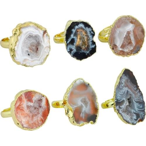 TUMBEELLUWA 1Pc Freeform Irregular Natural Agate Geode Crystal Quartz Druzy Slice Finger Ring Gold Plated