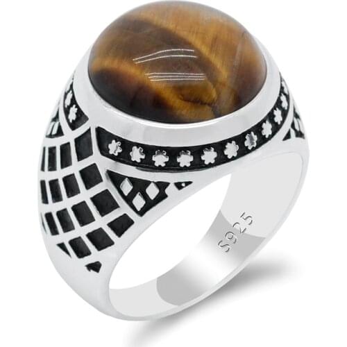Turkish Tiger Eyes Stone Ring for Men 925 Sterling Silver Natutal Stone Rings Retro Checkered Design Fine Jewelry to Male Gift
