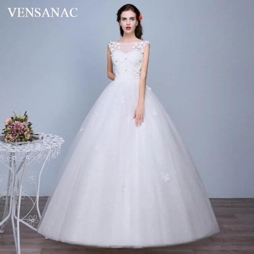VENSANAC 2018 Crystal Flowers Illusion O Neck Sequined Ball Gown Wedding Dresses Lace Appliques Backless Bridal Gowns