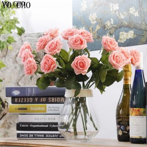 YO CHO Artificial Rose Flower Single Branch Fake Silk Flowers Rose Home Wedding Decoration Table Mariage Big Rose Flower Heads