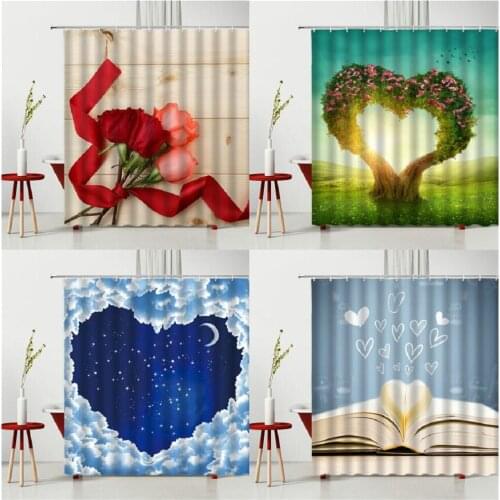 Valentines Day Shower Curtains Hooks Heart-Shaped Romantic Flowers Bathroom Decor Waterproof Screen Hanging Curtain