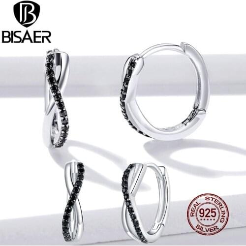 BISAER Infinity Love Hoop Earrings Real 925 Sterling Silver Black Zircon Round Earrings For Women Fashion Stylish Jewelry EFE399