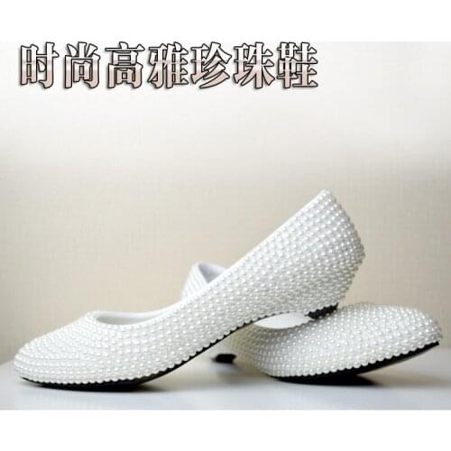 Autumn banquet dress shoes low heel white pearl wedges crystal wedding shoes simple shallow mouth large size work shoes women