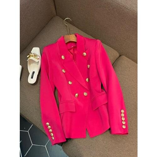 High Quality Rose Red Blazer Women 2021 New Autumn Ladies Jacket Classic Gold Metal Double-breasted Buckle Blazers Mujer Suits