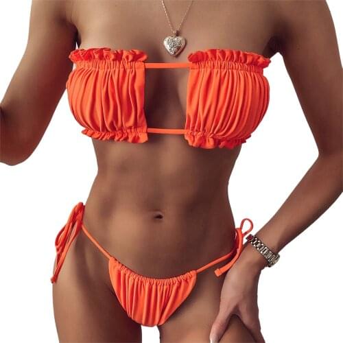 Meihuida Women Two-piece Tube Swimsuit, Hollow Fold Decoration Adjustable Strap Summer Clothing