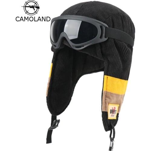 CAMOLAND Winter Thermal Bomber Hat Women Men Windproof Outdoor Snow Skiing Caps Earflap Cap Male Warm Russia Hat With Goggles
