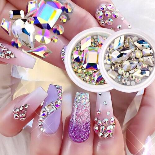 1Box Mixed Design Nail Art Decor Crystal Rhinestone Diamond Flat Bottom Bling Glitter Glass 3D Nail Art Beauty Decoration Tips