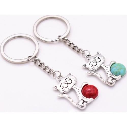 2pcs/lot 2 Style Metal Key Chain Antique Silver Plated Smile Cat DIY Vintage Handmade Key Chain Jewelry Making