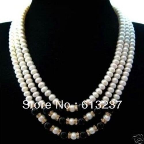 Hot free Shipping new Fashion Style diy Junoesque 3row cultured pearl black chalcedony stone beads chain strand necklace MY5275