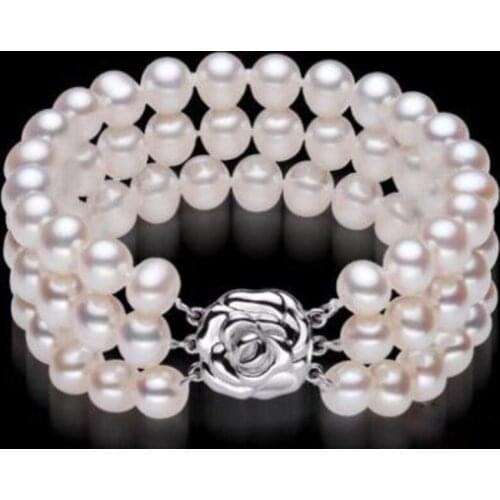 3 rows 9-10mm south sea round white pearl bracelet 7.5-8inch
