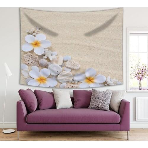 Tapestry Tiare Flowers Corals for Snails and Stones on Sand Beach Tropical Vacation White Yellow Beige