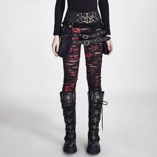 Gothic Women Broken Mesh Leggings Steam Punk Black And Red Womens Holes Ripped Leggings