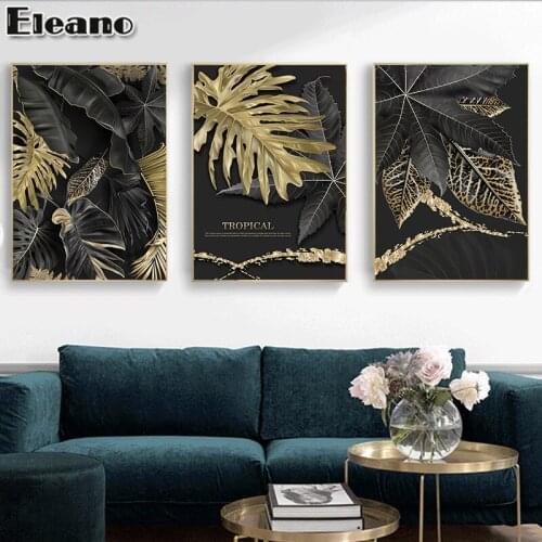 Canvas Painting for Living Room Black Gold Luxury Hojas Poster Custom Print HD Nordic Abstract Wall Art Waterproof Ink Picture