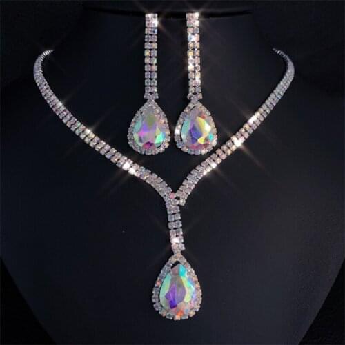 Fashion AB Color Jewelry Sets Water Drop Earrings Jewelry Set Rhinestones For Women Bride Pendant Necklace/Earrings Wholesale