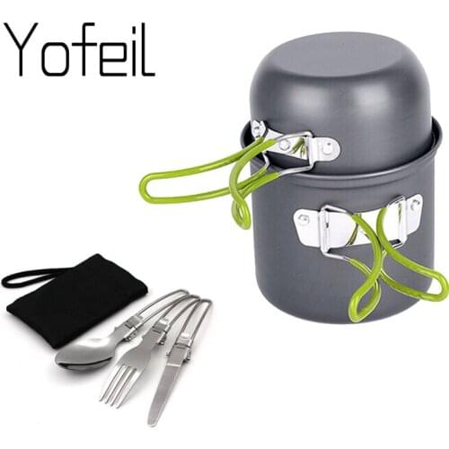 Outdoor Camping Hiking Cookware Picnic Cooking Pots Set Non-stick Bowls With Foldable Spoon Fork Knife Tableware Sets