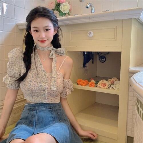 Shirt New Summer Design Sense Niche Off-shoulder Short Floral Blouse Women French Retro Short-sleeved Shirt