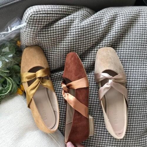 Retro Twist bow-knot mary janes woman riband loafers ballerina flats square toe flock moccasins chic slip on sneaker shoes women