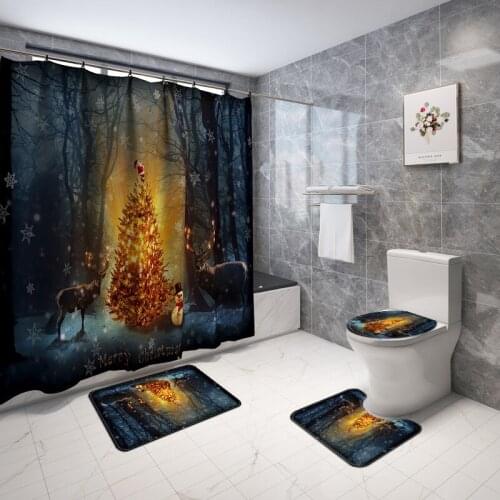 Christmas 3D Printed Bath Mats Set Anti Slip Carpet Shower Curtain Water Absorbent Bathroom Cover Mat Toilet Seat Rugs Washable