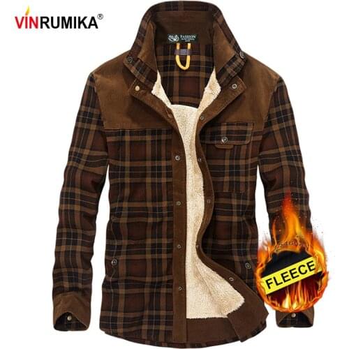 2020 Mens Winter Warm Thicken Fleece 100% Cotton Plaid Shirt Man Casual Brand High Quality Army Green Grid Long Sleeve Shirts