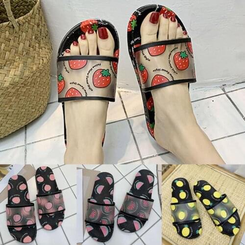 2021 Women Summer Fruit Print Soft Soles PVC Flat Anti-slip Slippers Bath Sandals for Daily Life Open Toe Beach Slides Sandals