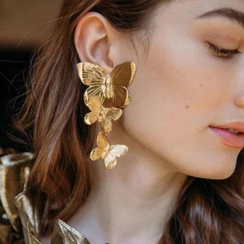 Three Butterflies Super Long Dangle Earrings For Women 2021 Gold Tone Metal Exaggerated Oversized Party Drop Earrings Jewelry