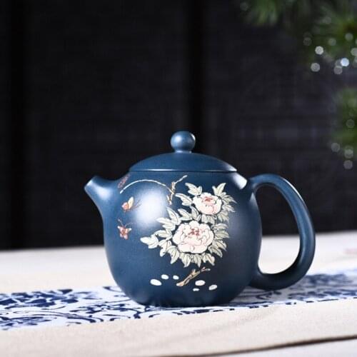 Yixing purple clay pot genuine hand-painted raw ore dark green mud painting Gaopeony Xishi pot Kungfu Teapot Set