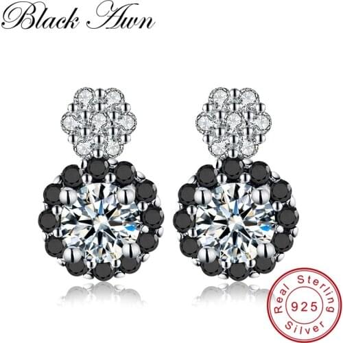 [BLACK AWN] 100% Genuine 2.2g 925 Sterling Silver Jewelry Flower Black Spinel Stone Wedding Stud Earrings for Women T065